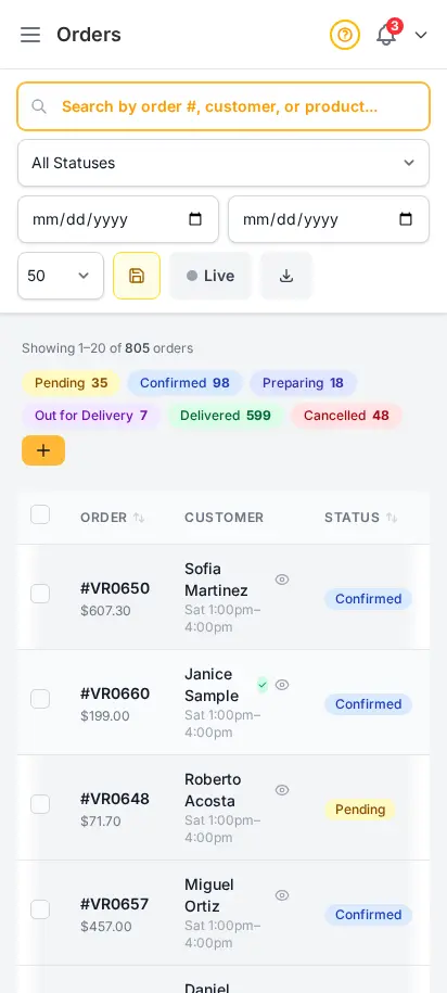 DabDash order table showing live orders with customer names, status badges, totals, and delivery windows — mobile view