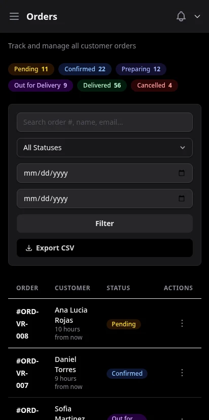 DabDash order management table showing orders with status badges, customer names, and totals — mobile view