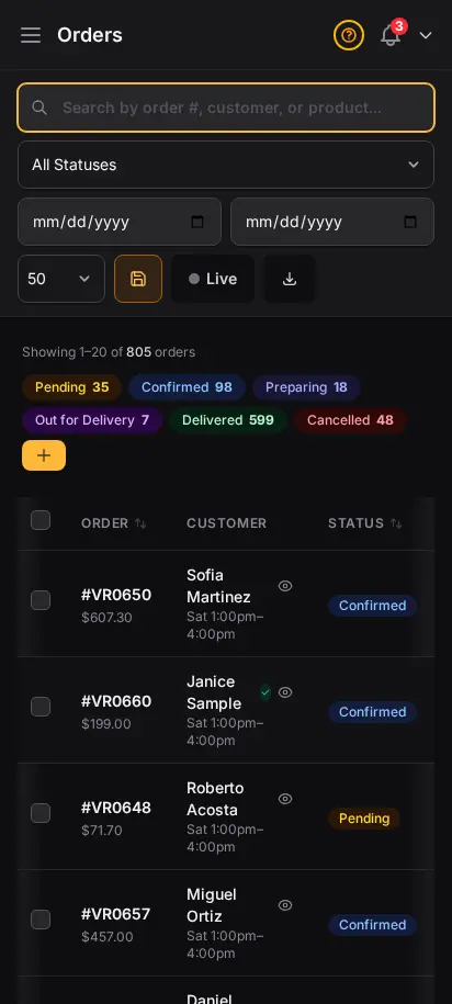 DabDash order table showing live orders with customer names, status badges, totals, and delivery windows — mobile view