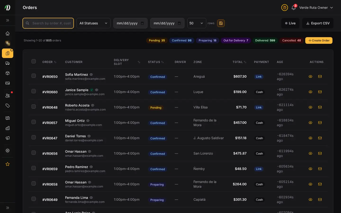 DabDash order table showing live orders with customer names, status badges, totals, and delivery windows