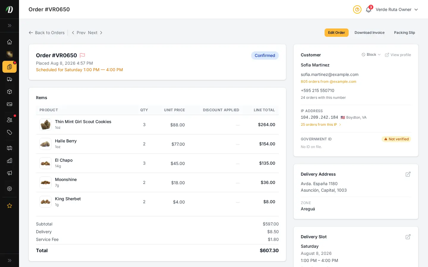 DabDash order detail page showing customer information, line items, delivery fee, and payment status