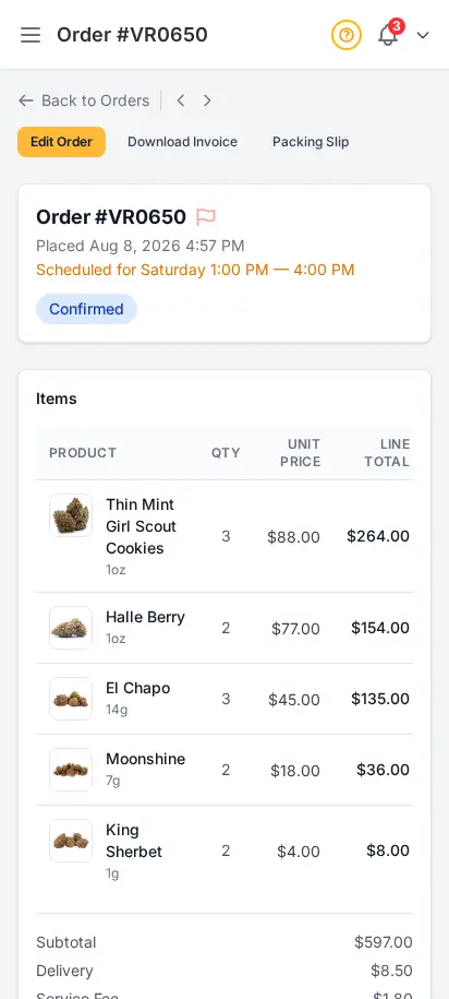 DabDash order detail page showing customer information, line items, delivery fee, and payment status — mobile view