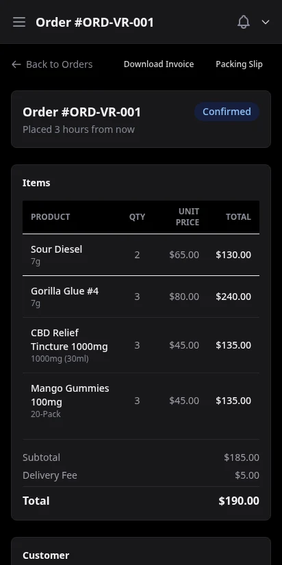 DabDash order detail view showing line items, customer info, and delivery details — mobile view