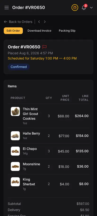 DabDash order detail page showing customer information, line items, delivery fee, and payment status — mobile view
