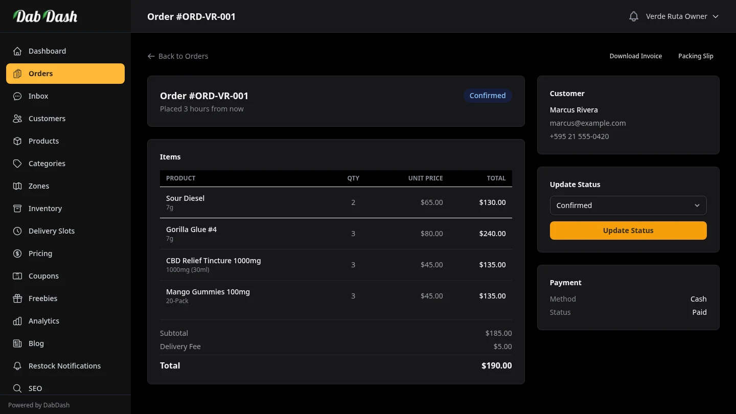 DabDash order detail view showing line items, customer info, and delivery details