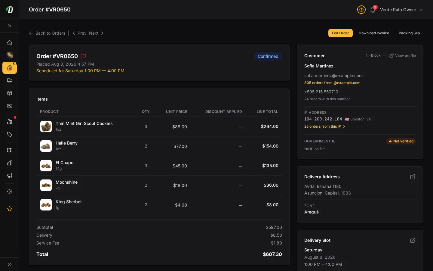 DabDash order detail page showing customer information, line items, delivery fee, and payment status