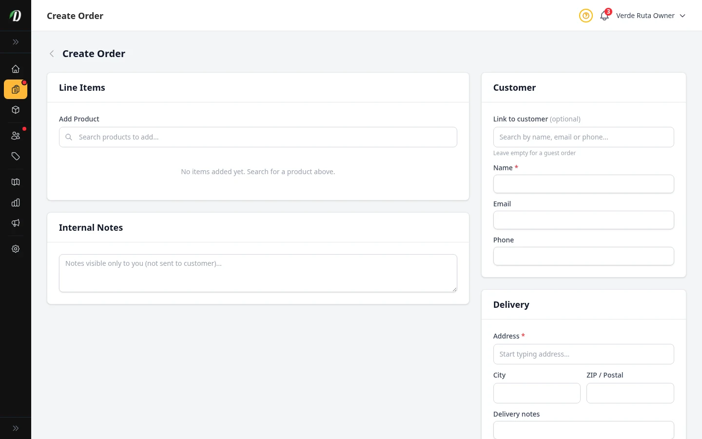 DabDash create order form showing product search, customer details, and delivery fields