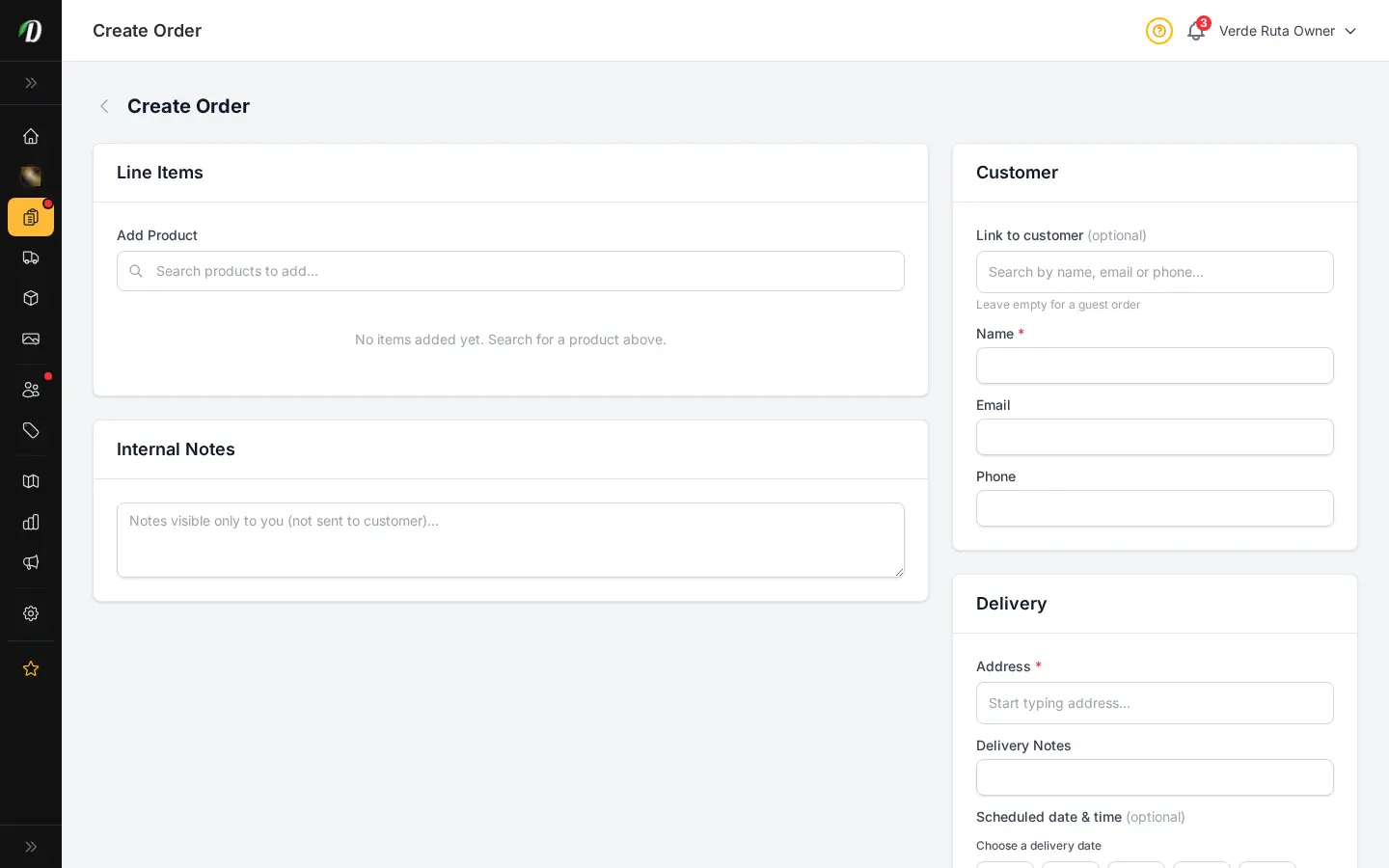 DabDash create order page showing customer, address, product, and delivery controls