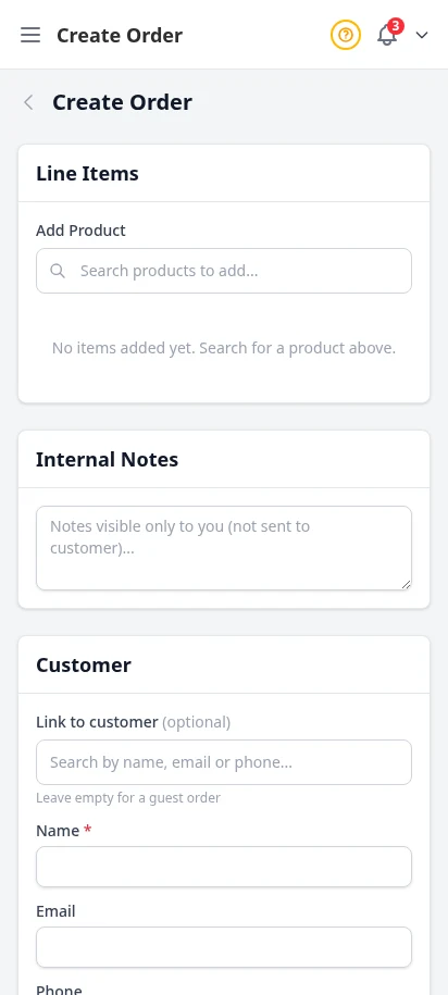 DabDash create order page showing customer, address, product, and delivery controls — mobile view