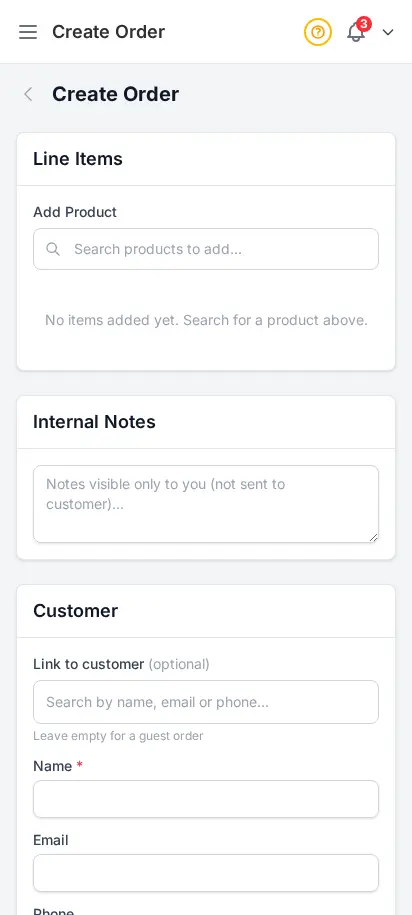 DabDash create order page showing customer, address, product, and delivery controls — mobile view