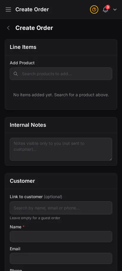 DabDash create order page showing customer, address, product, and delivery controls — mobile view