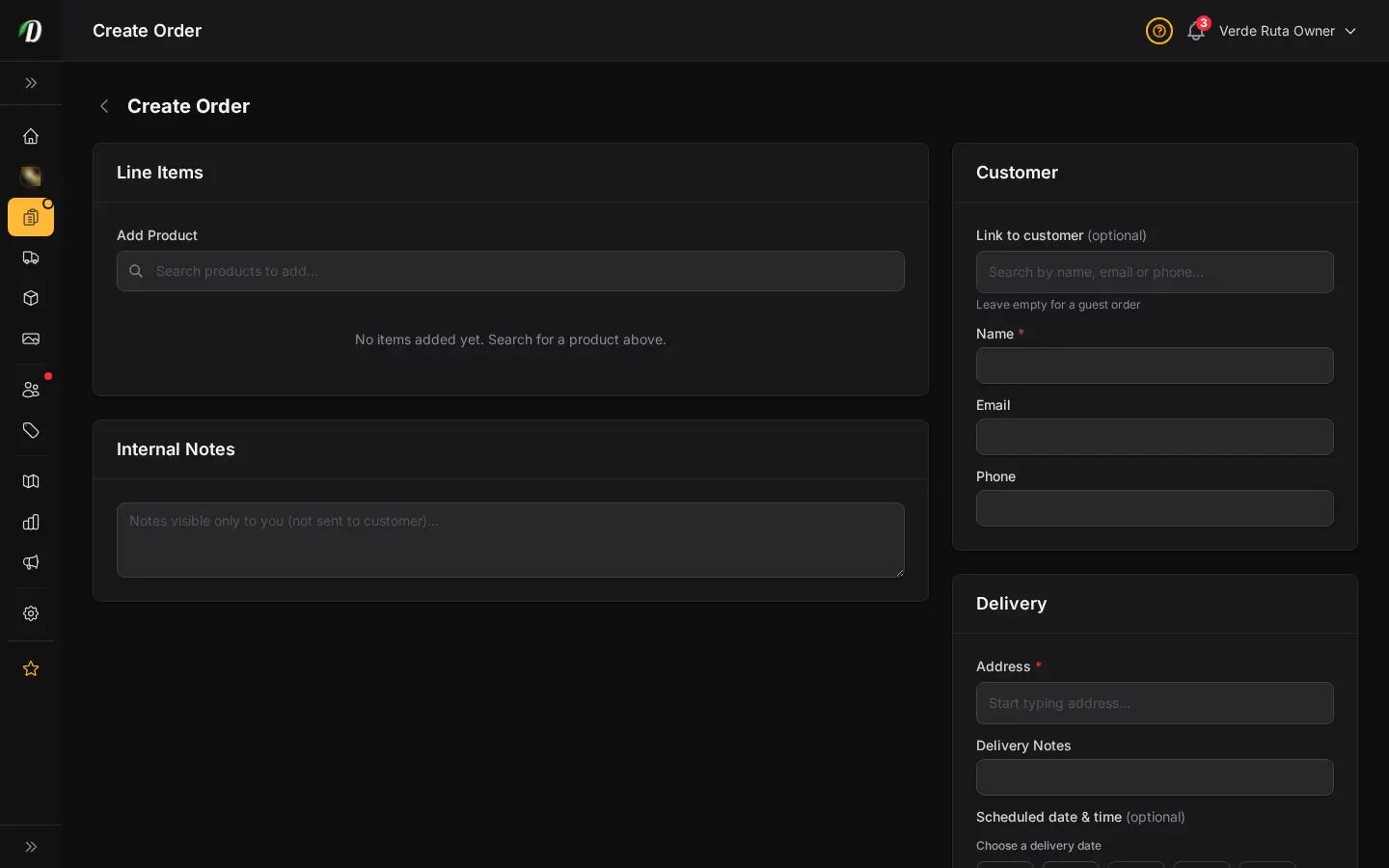 DabDash create order page showing customer, address, product, and delivery controls