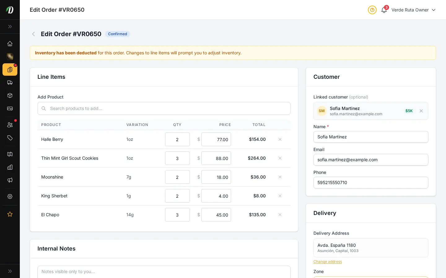 DabDash edit order page showing saved order details, item adjustments, and order status controls