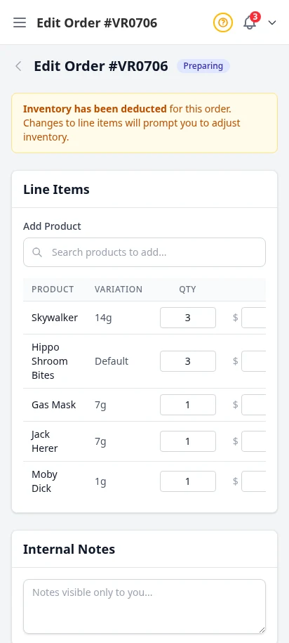 DabDash edit order page showing saved order details, item adjustments, and order status controls — mobile view