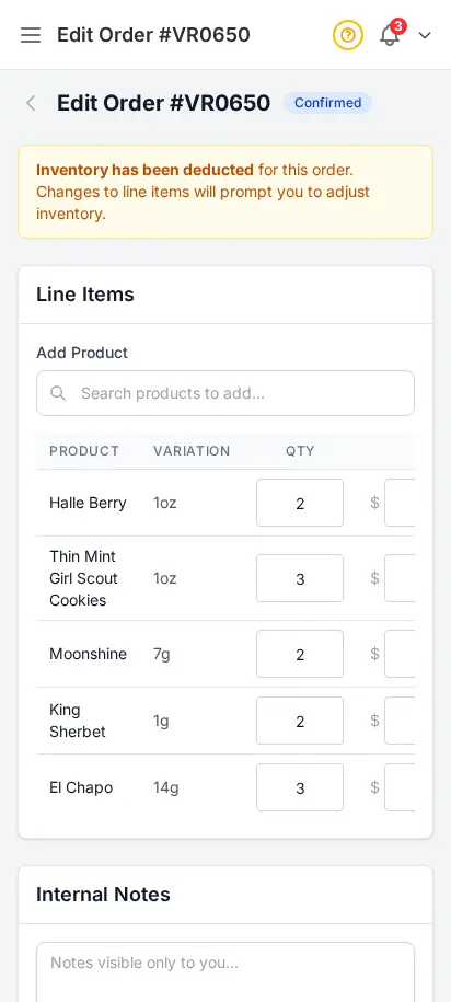 DabDash edit order page showing saved order details, item adjustments, and order status controls — mobile view