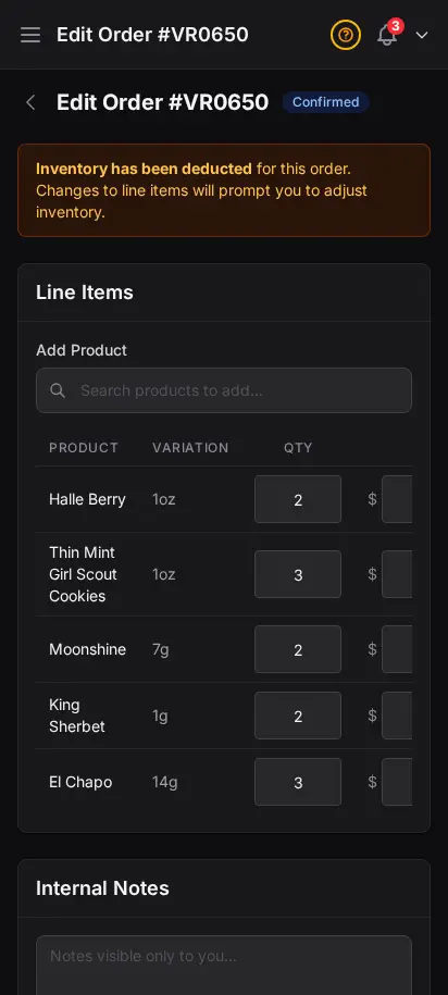 DabDash edit order page showing saved order details, item adjustments, and order status controls — mobile view