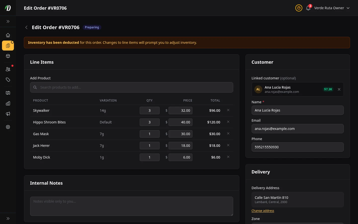 DabDash edit order page showing saved order details, item adjustments, and order status controls