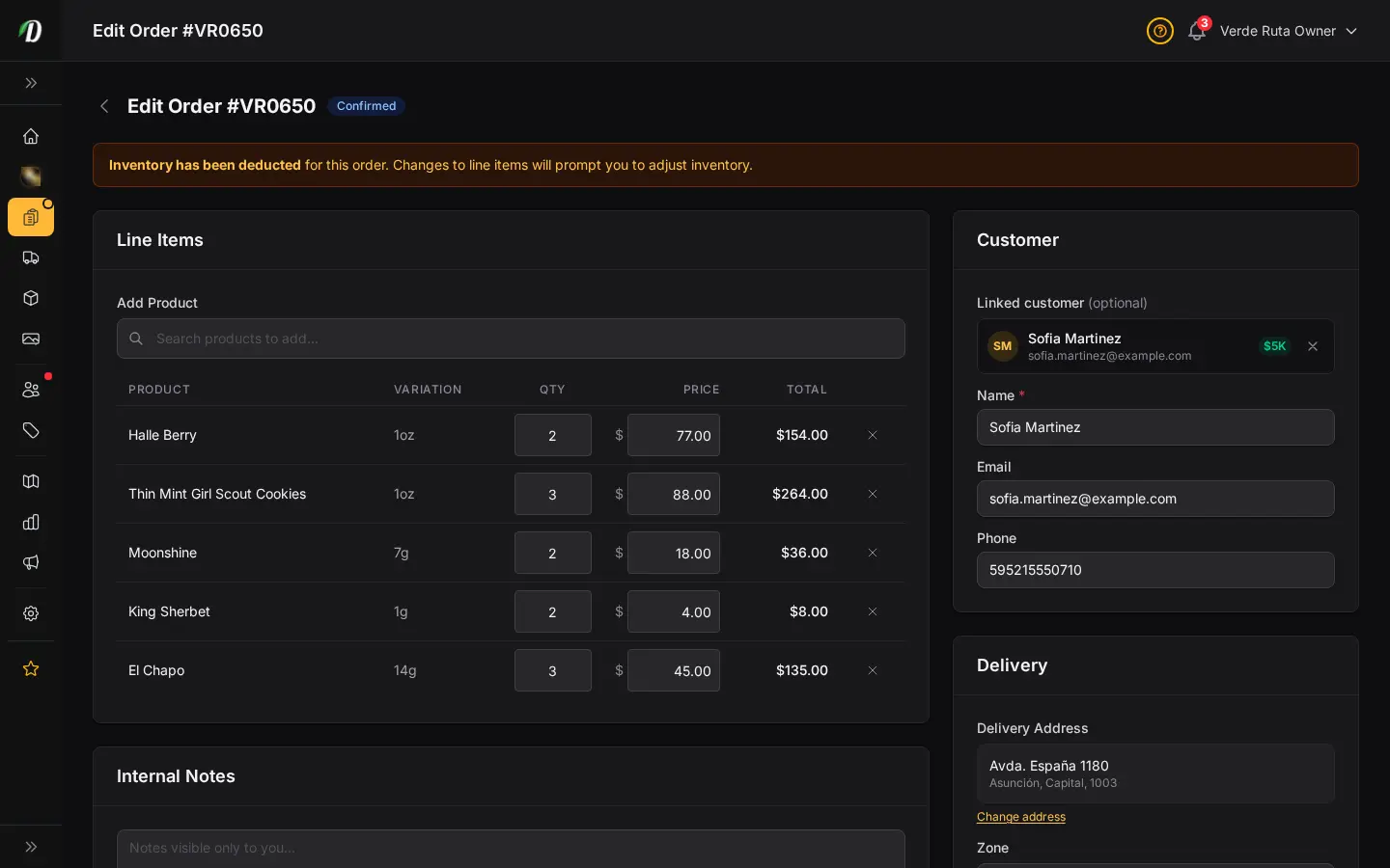DabDash edit order page showing saved order details, item adjustments, and order status controls