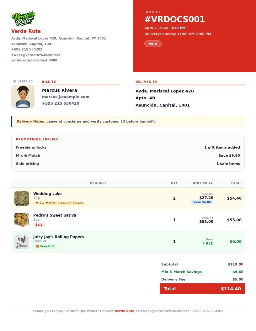 DabDash invoice preview showing the customer face crop and stacked promotions including freebies, mix and match savings, sale pricing, and a promo code