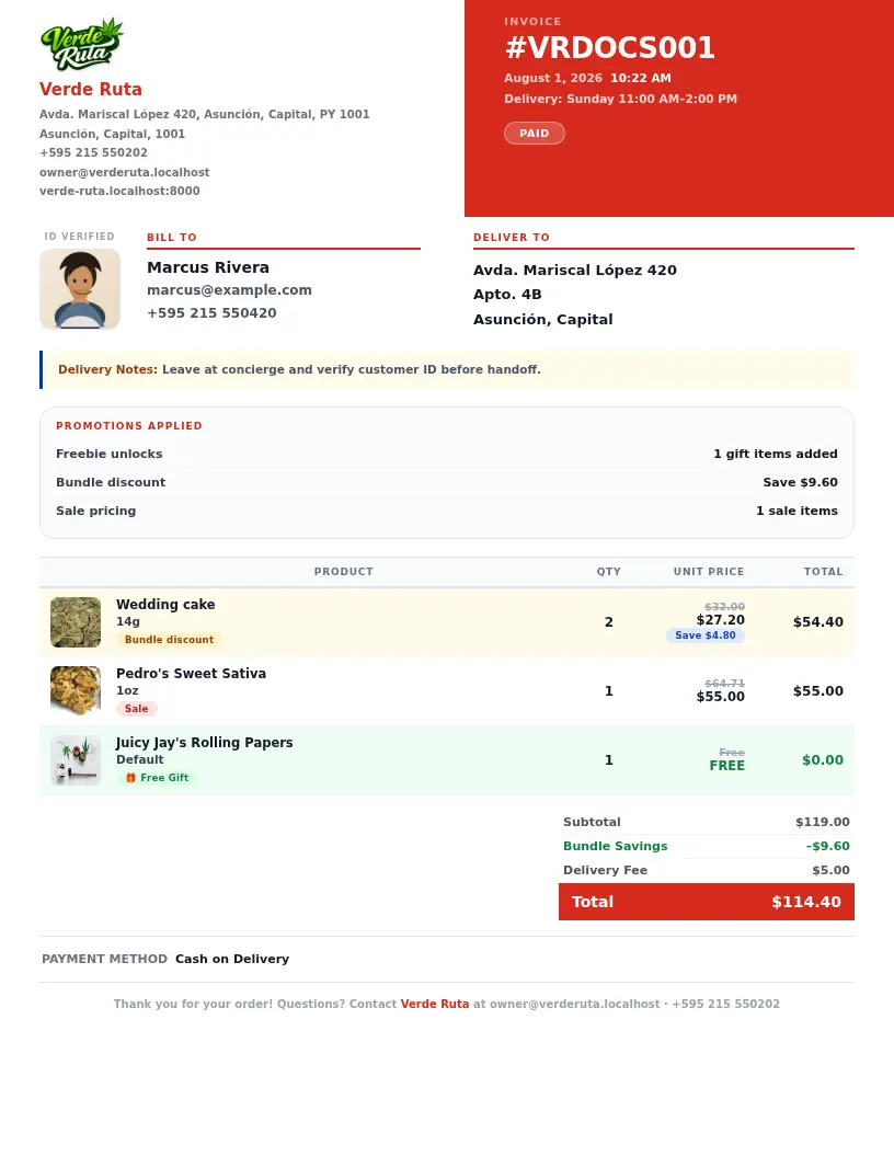 DabDash invoice preview showing the customer face crop and stacked promotions including freebies, bundle deal savings, sale pricing, and a promo code