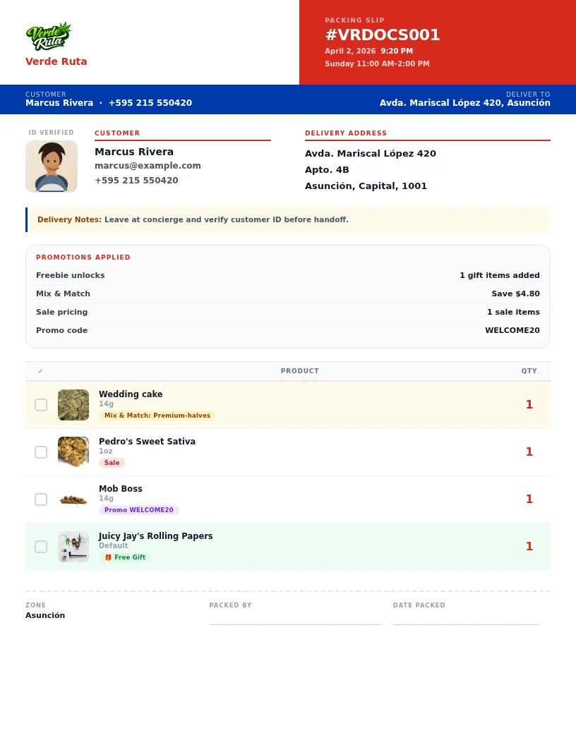 DabDash packing slip preview showing the customer face crop and stacked promotions for a fully loaded order