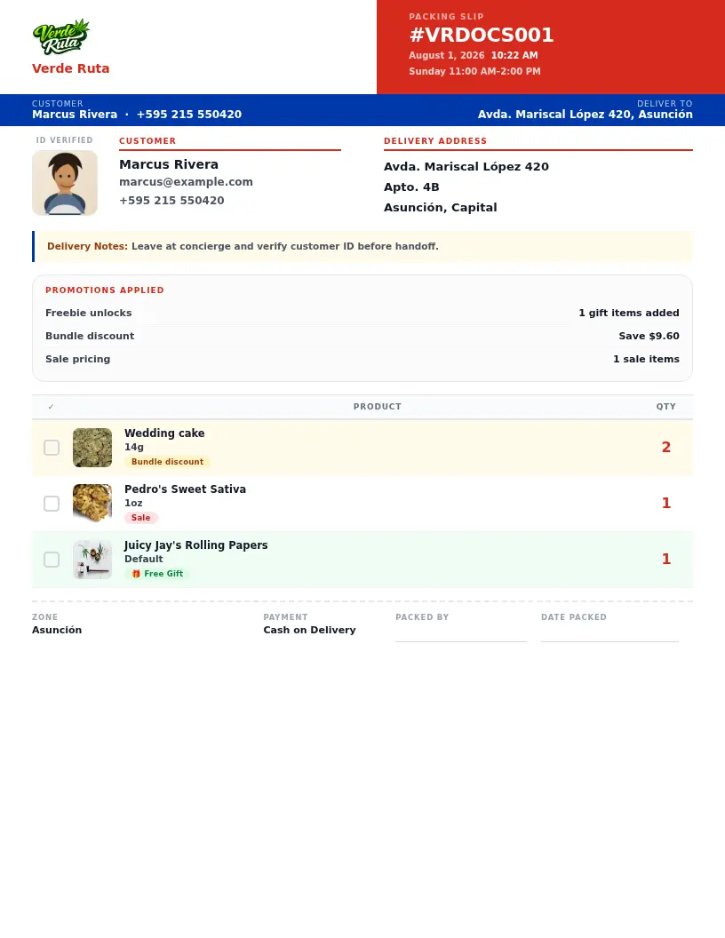 DabDash packing slip preview showing the customer face crop and stacked promotions for a fully loaded order