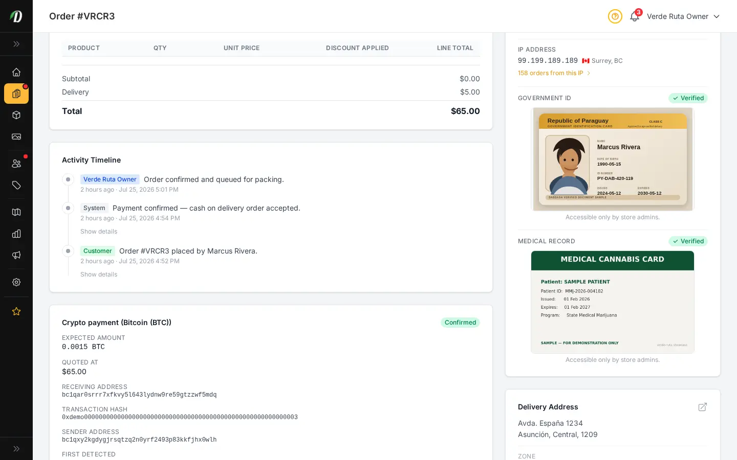 DabDash order detail showing a confirmed crypto payment with the network, amount, receiving address, and transaction hash