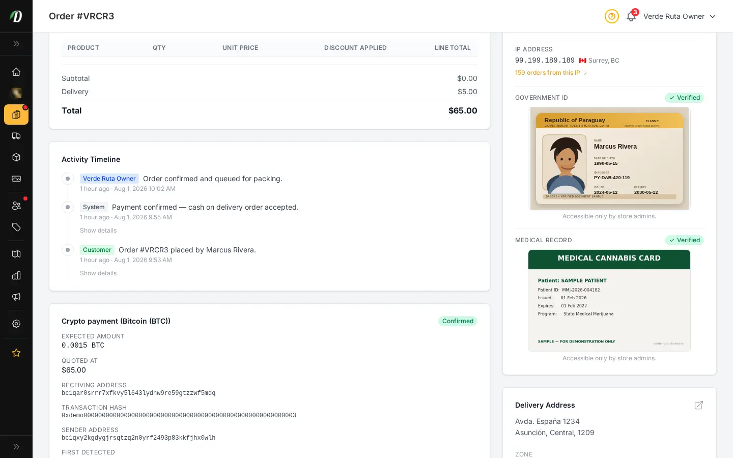 DabDash order detail showing a confirmed crypto payment with the network, amount, receiving address, and transaction hash