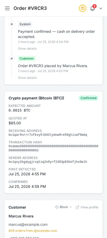 DabDash order detail showing a confirmed crypto payment with the network, amount, receiving address, and transaction hash — mobile view