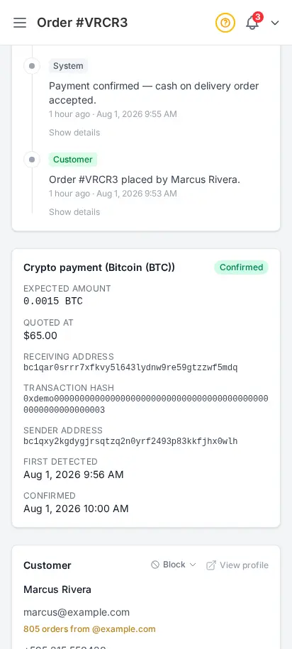 DabDash order detail showing a confirmed crypto payment with the network, amount, receiving address, and transaction hash — mobile view