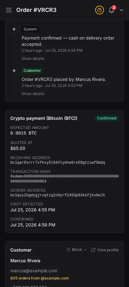 DabDash order detail showing a confirmed crypto payment with the network, amount, receiving address, and transaction hash — mobile view