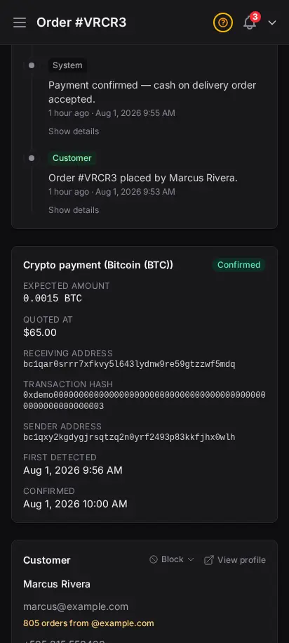 DabDash order detail showing a confirmed crypto payment with the network, amount, receiving address, and transaction hash — mobile view