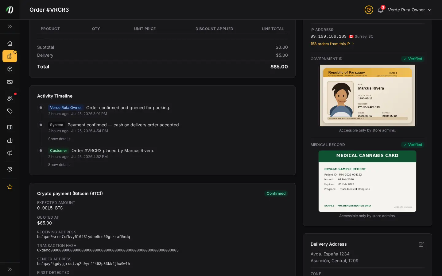 DabDash order detail showing a confirmed crypto payment with the network, amount, receiving address, and transaction hash