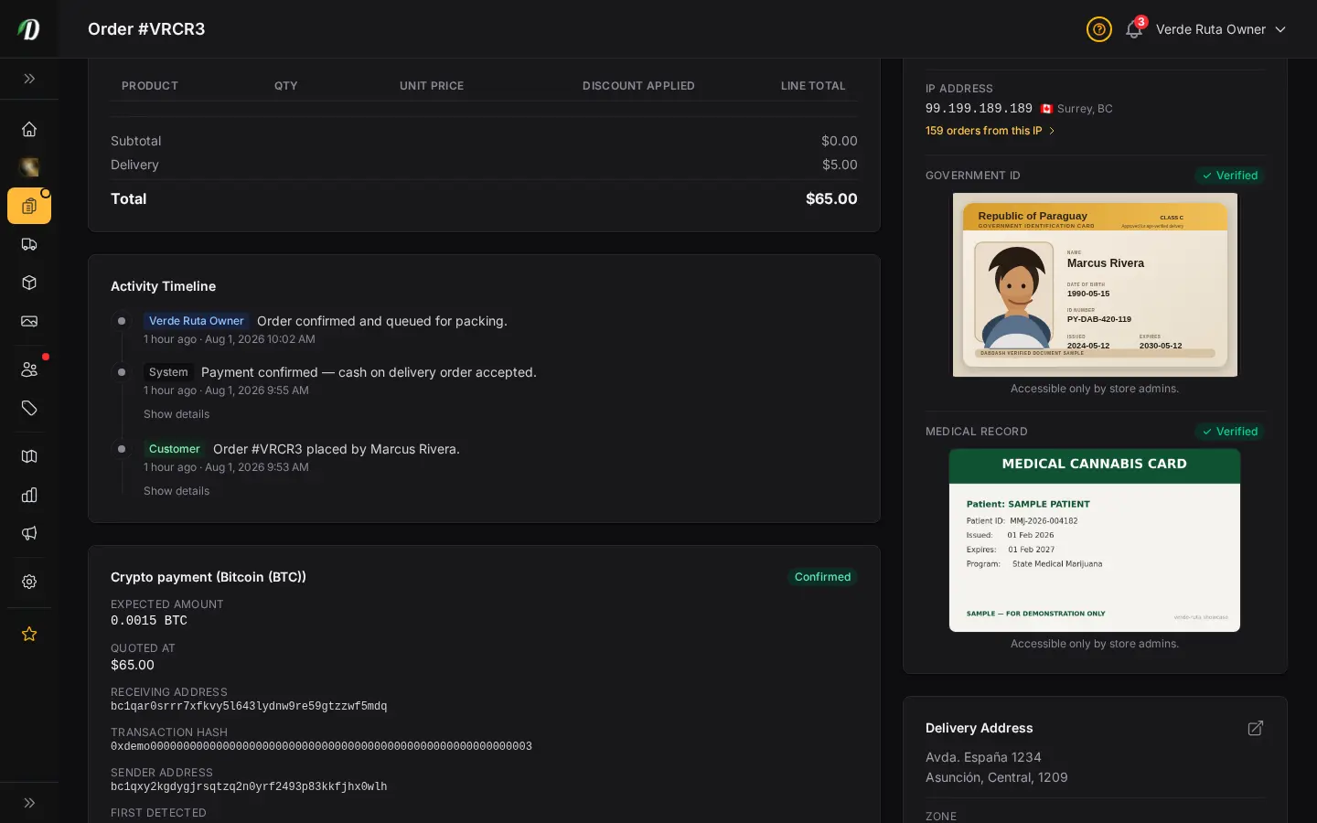 DabDash order detail showing a confirmed crypto payment with the network, amount, receiving address, and transaction hash