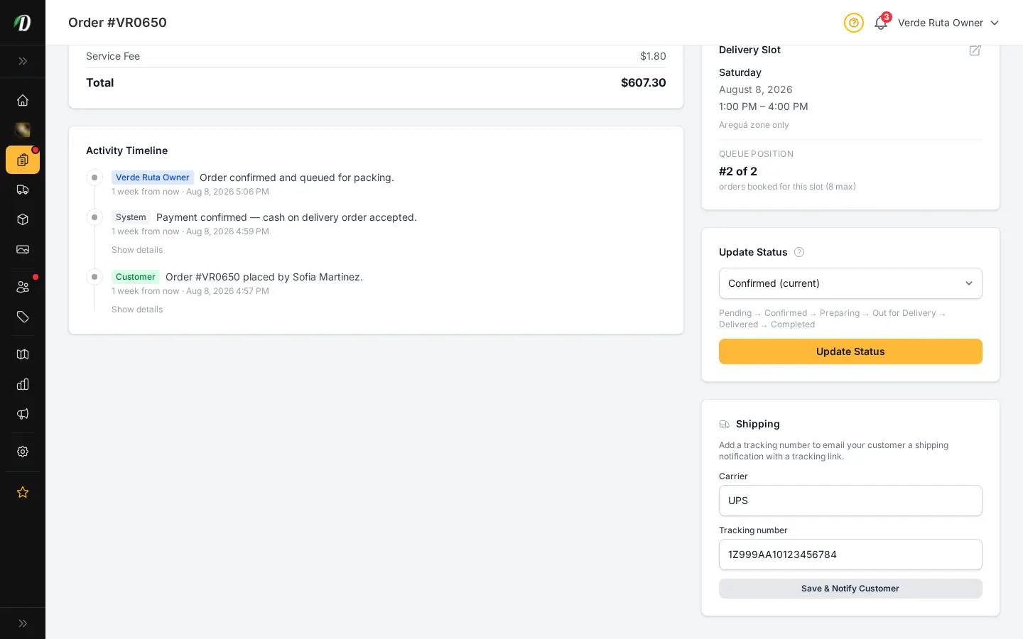 DabDash order detail page showing the Shipping card with Carrier and Tracking number fields and a Save & Notify Customer button