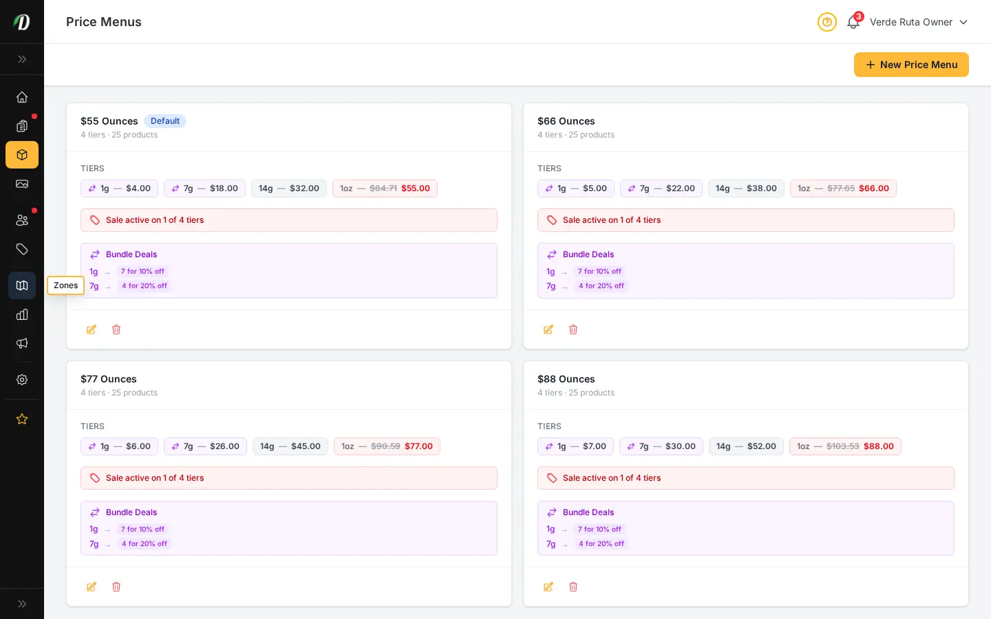DabDash price menus page showing saved menus with weight tiers, attached product counts, and active status