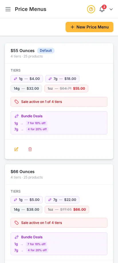 DabDash price menus page showing saved menus with weight tiers, attached product counts, and active status — mobile view