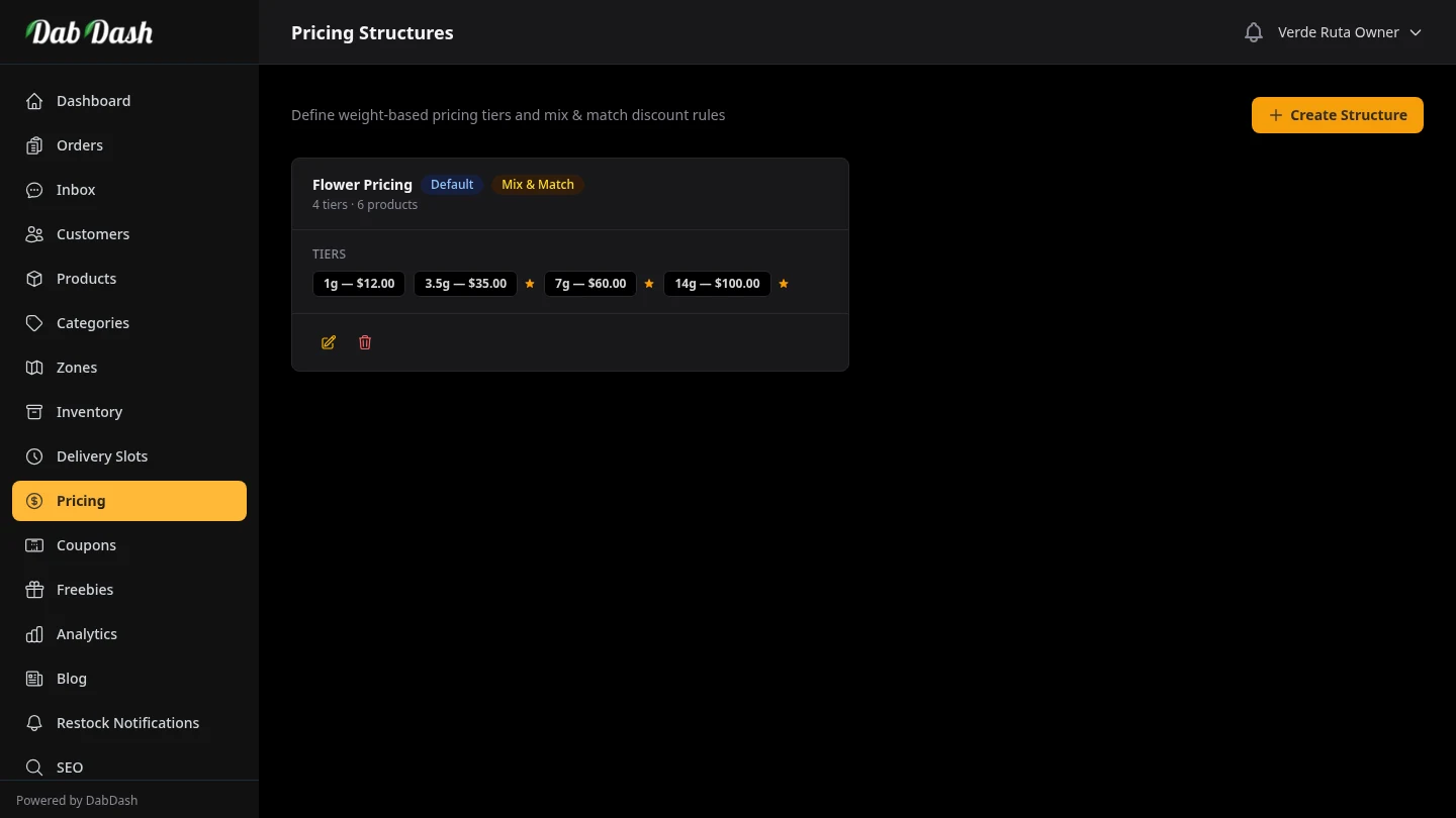 DabDash pricing structures list with mix and match configurations