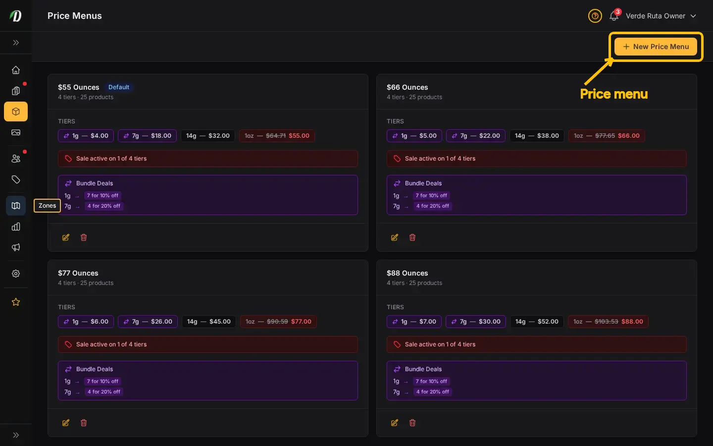 DabDash price menus page showing saved menus with weight tiers, attached product counts, and active status