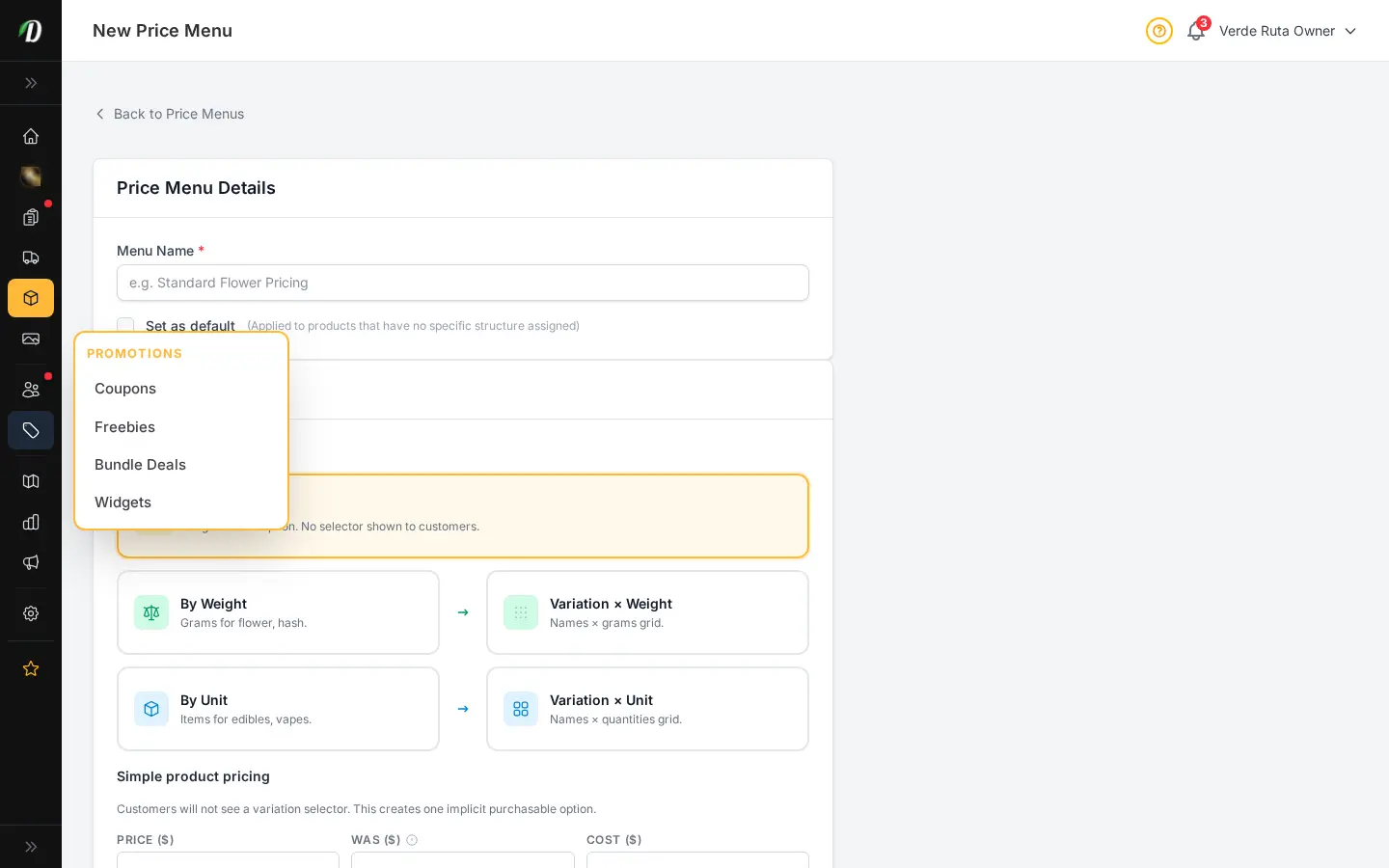DabDash new price menu form showing menu name, weight tier rows, and per-tier price and cost fields