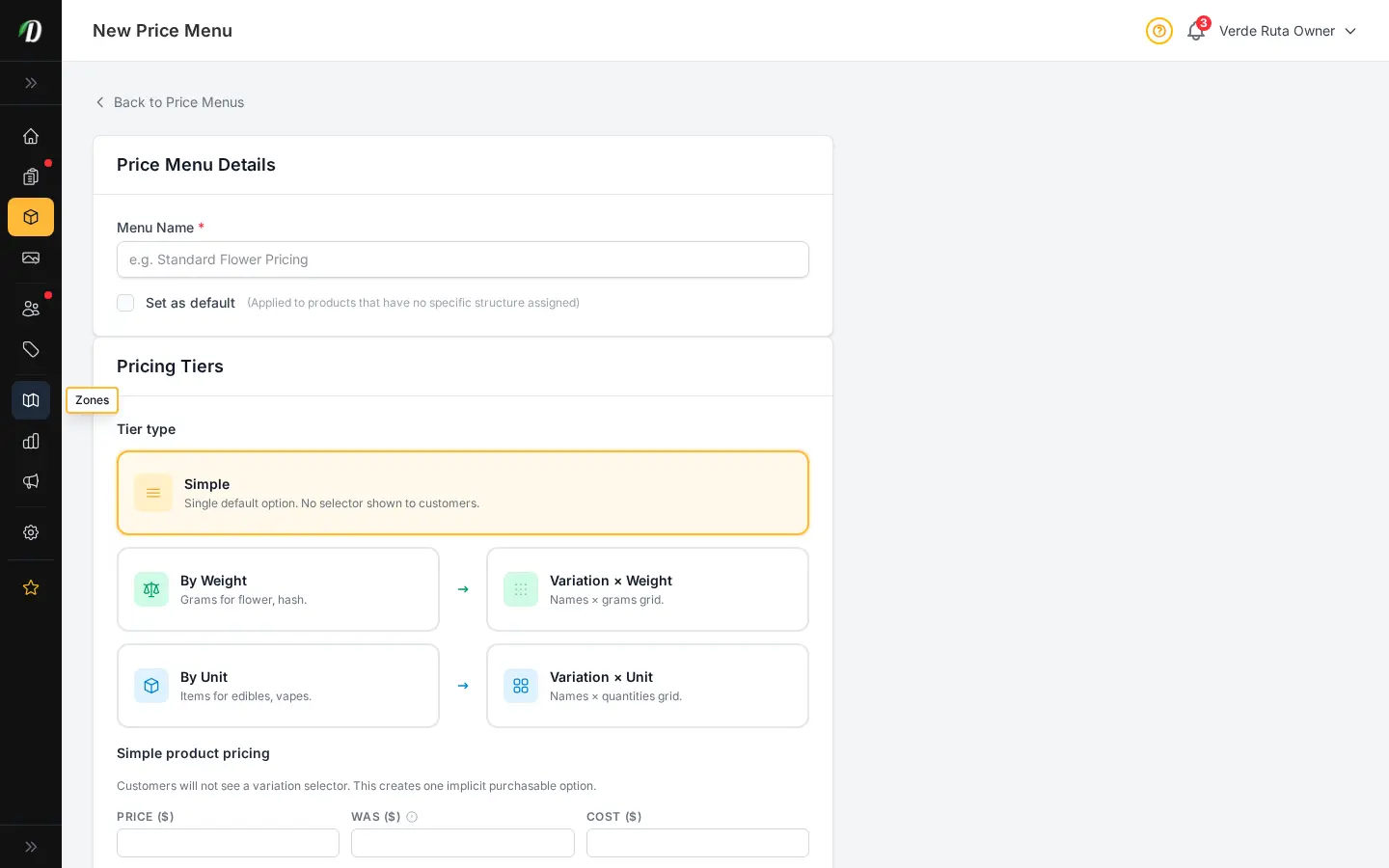 DabDash new price menu form showing menu name, weight tier rows, and per-tier price and cost fields
