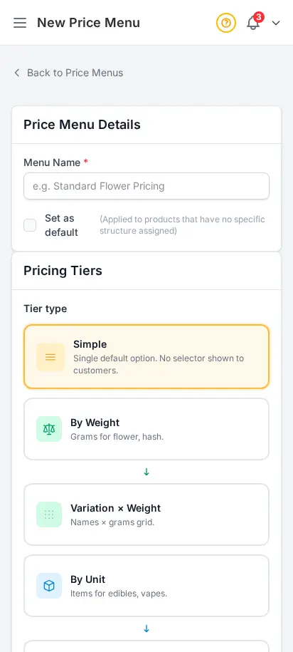 DabDash new price menu form showing menu name, weight tier rows, and per-tier price and cost fields — mobile view