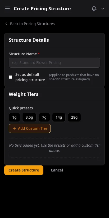 DabDash pricing structure creation form showing mix and match toggle, weight tier configuration, and discount percentage fields — mobile view