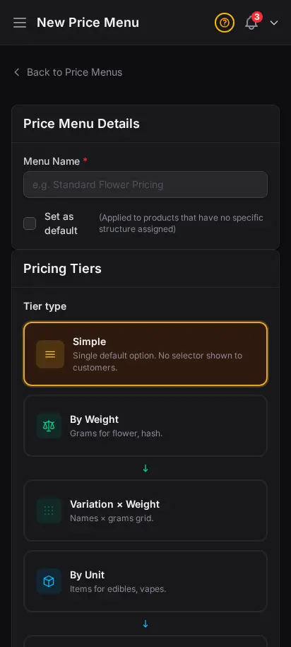 DabDash new price menu form showing menu name, weight tier rows, and per-tier price and cost fields — mobile view