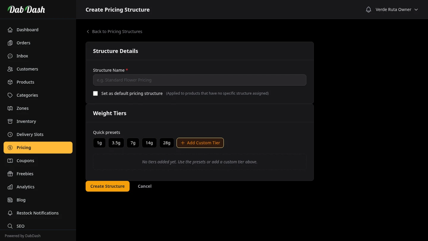 DabDash pricing structure creation form showing mix and match toggle, weight tier configuration, and discount percentage fields