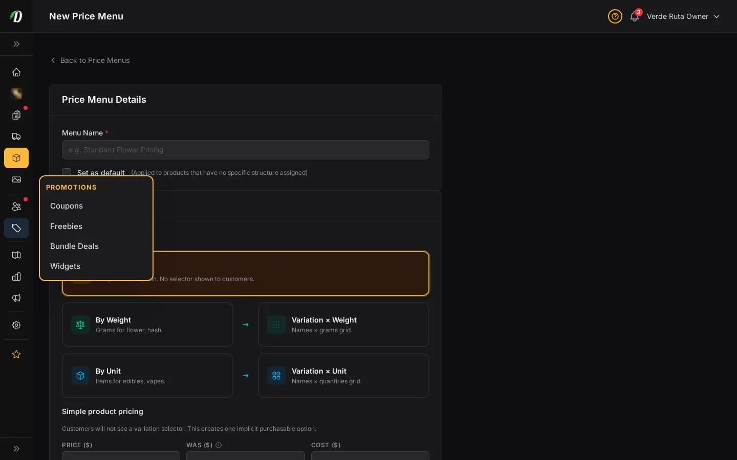 DabDash new price menu form showing menu name, weight tier rows, and per-tier price and cost fields