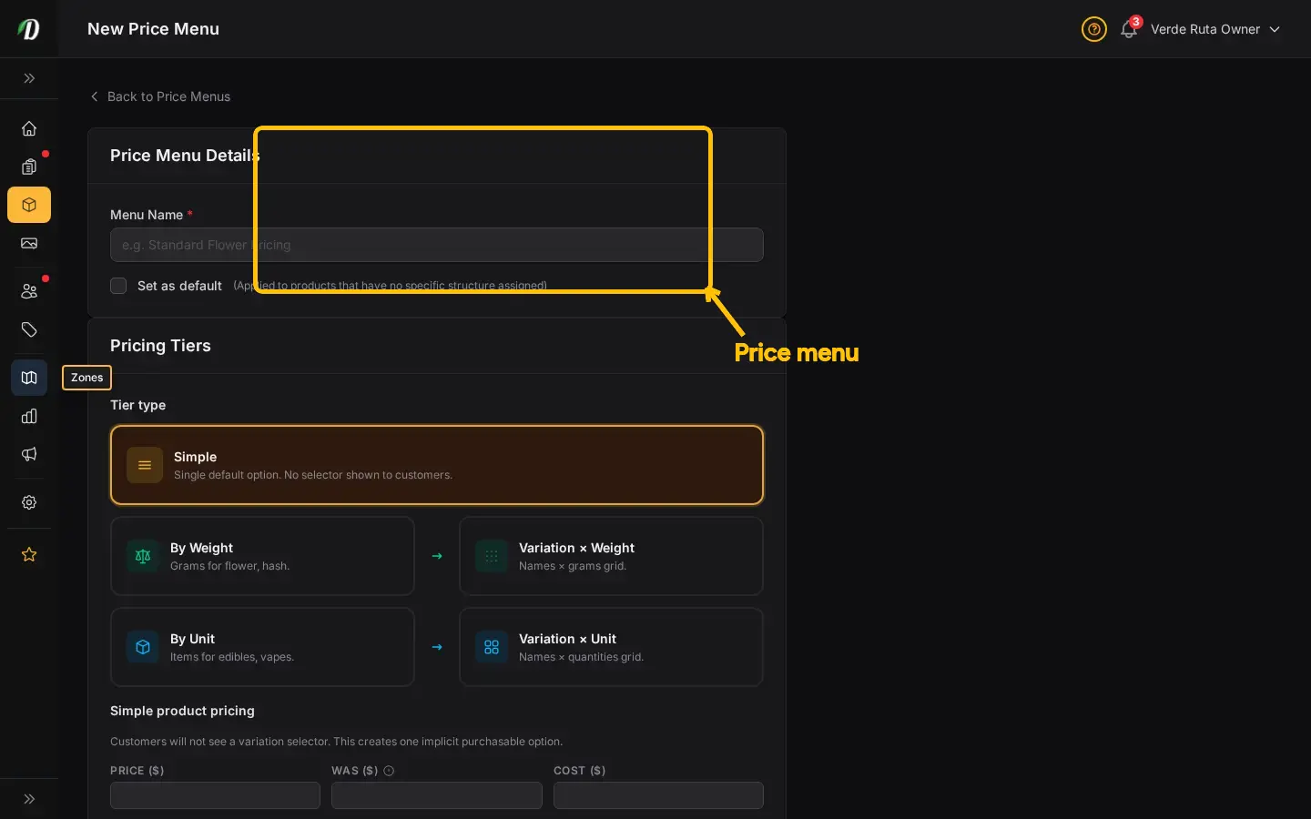 DabDash new price menu form showing menu name, weight tier rows, and per-tier price and cost fields