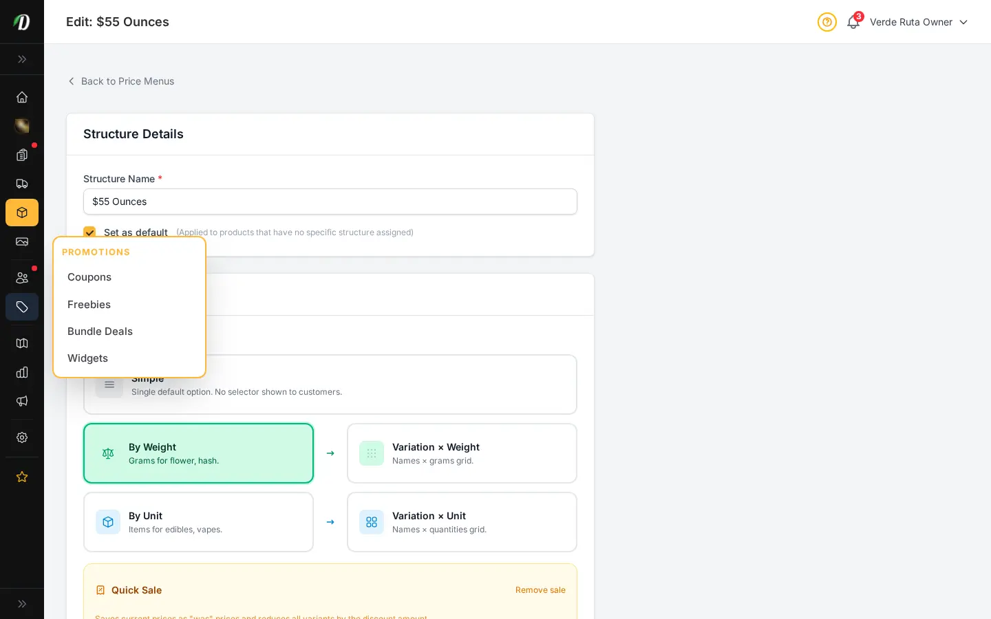 DabDash price menu editor showing weight tiers, prices, costs, and attached product list