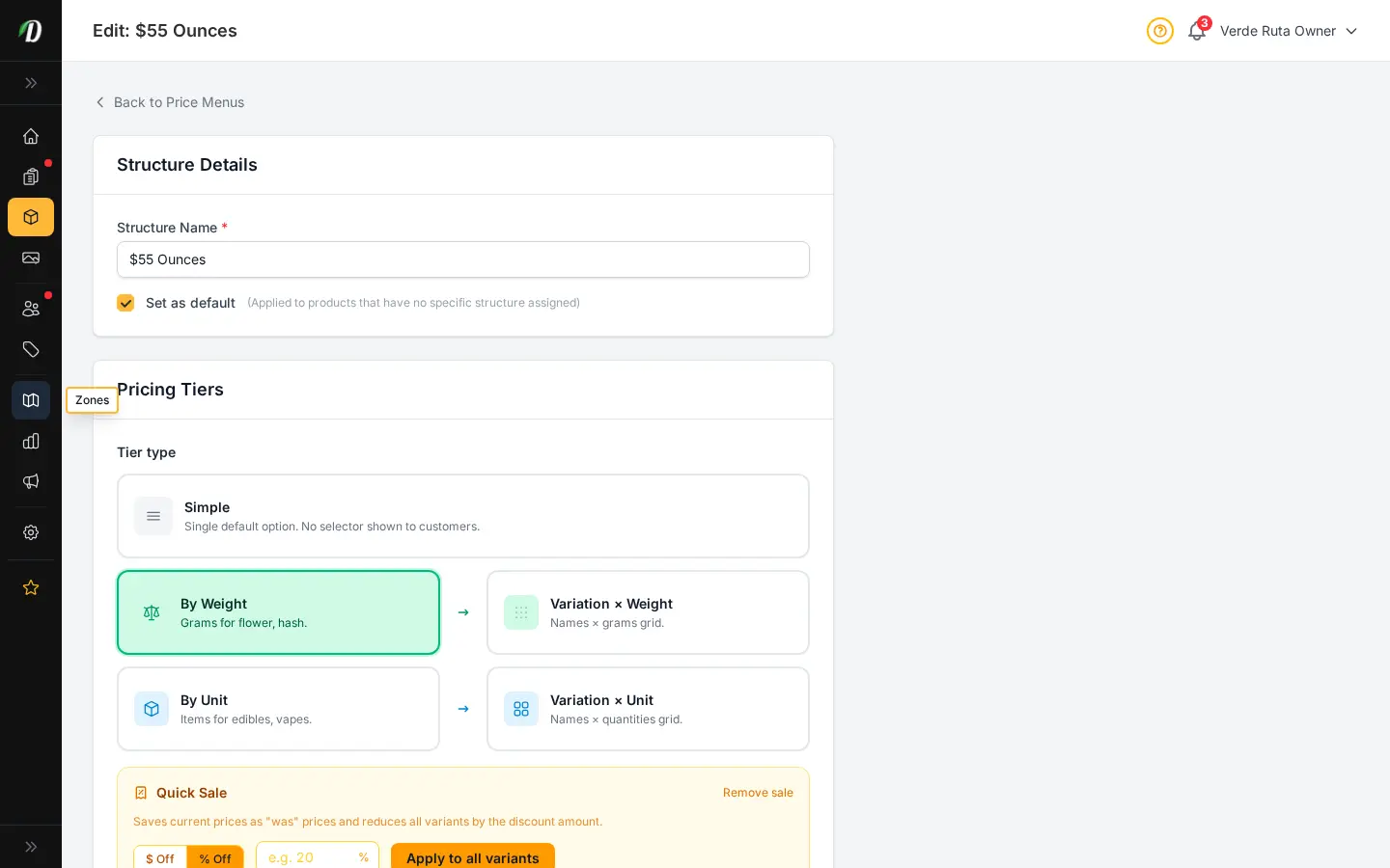 DabDash price menu editor showing weight tiers, prices, costs, and attached product list
