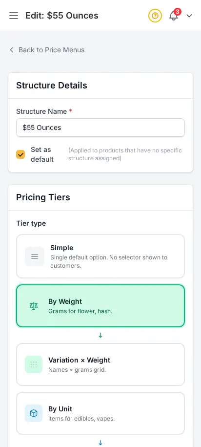 DabDash price menu editor showing weight tiers, prices, costs, and attached product list — mobile view